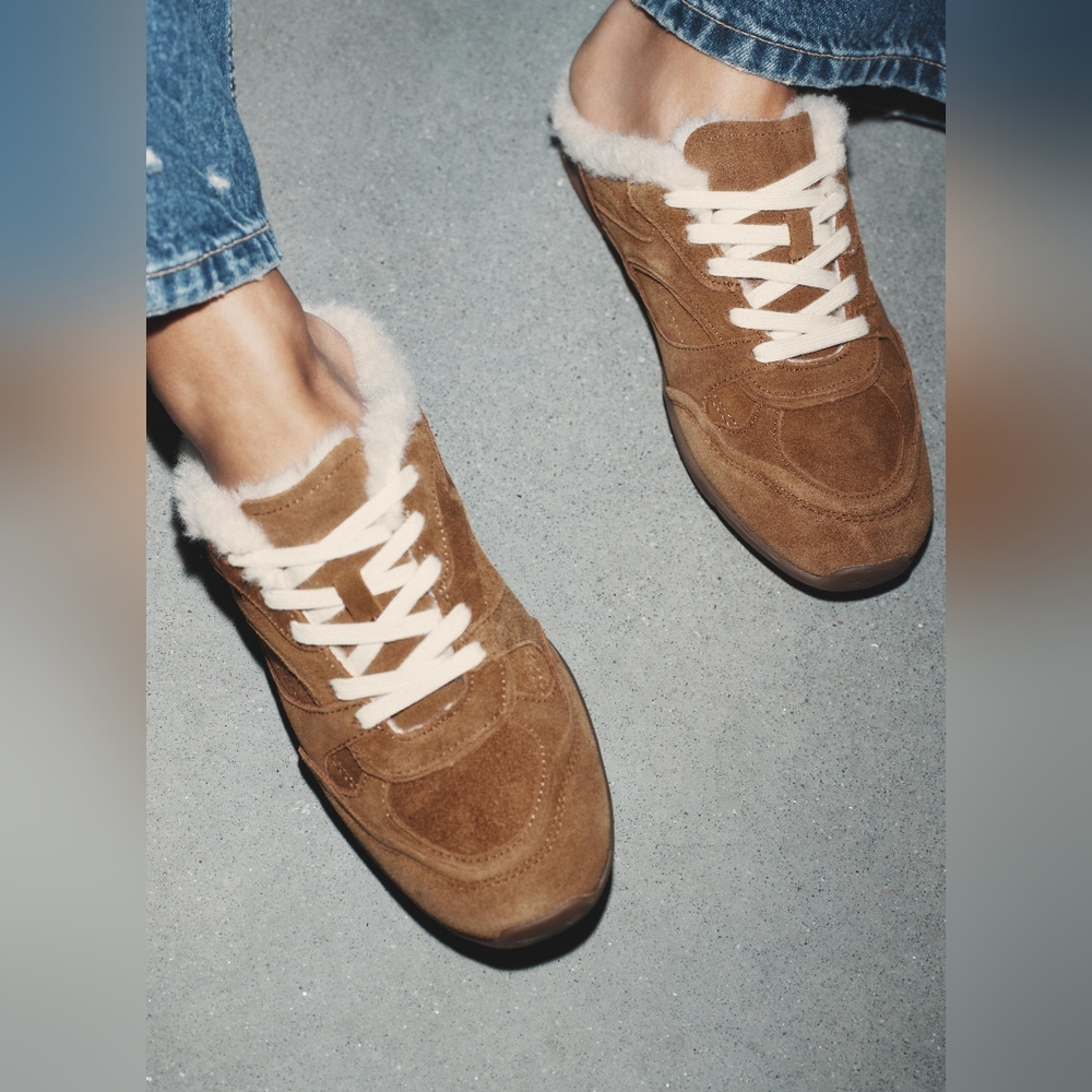 Zara Brown Split Leather Mule Sneakers With Faux Fur Womens Size 5
